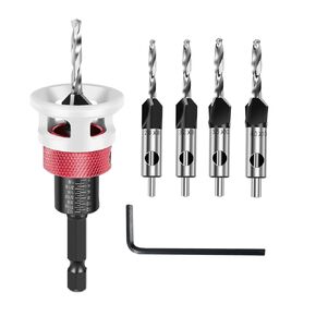 Countersink Drill Bit Set with Depth Stop 4PCS, HCS Four Blades Countersink Bits with Adjustable Depth Stop and L Shape Wrench, Wood Countersink Bit Set for Wood, Plastic, Woodworking