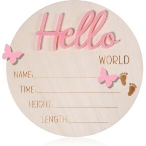 Baby Announcement Board, 5.31 Inch Wooden Hello World Sign for Newborn Birth Announcement New Name Plaques Baby Welcome Sign for Girls Boys Hospital Nursery Home
