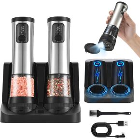 Electric Salt and Pepper Grinder Set Rechargeable Automatic Salt and Pepper Shakers with Lid External Adjustable Coarseness Power/gear display, LED, 2 Packs