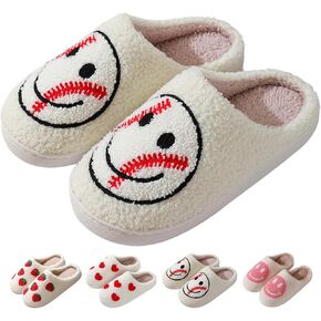 Heart/Happy Face Slippers for Women,Cute Indoor Memory Foam Slip,White Curly Soft Plush,Warm Winter Gift,Prime membership low prices
