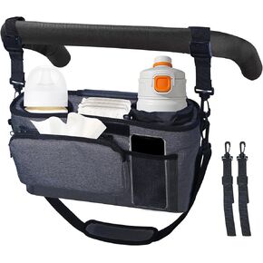 Stroller Caddy Organizer with Cup Holders, 2 Heightened Insulated Cup Holders, Non-Slip Secure Hooks Accessories，Stroller Caddy with Cup Holder, Universal Stroller Organizer with Cup Holder Dark Grey