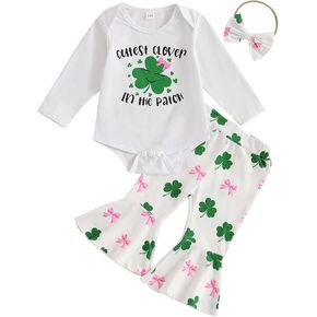 Baby Girls St Patricks Day Outfits Shamrock Long Sleeve Romper Bodysuit with Flared Pants Headband Set