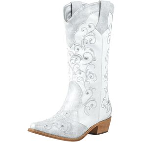 SheSole Women's Rhinestones Cowgirl Cowboy Boots Western Country Wedding Wide Calf Floral Embroidery Boot