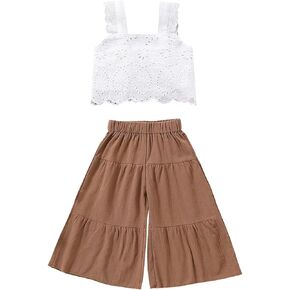 2PCS Baby Girl Flared Pants Sets, Sleeveless Strap Lace Crop Vest Tops + Wide-Leg Capris Pants