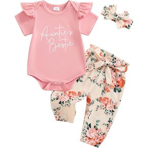 Newborn Baby Girl Summer Outfits Auntie's Bestie Short Sleeve Romper Floral Pants Set Headband Cute Infant Clothes