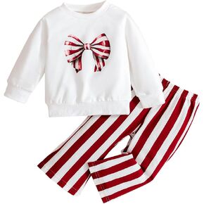 Toddler Baby Girl 2pcs Set Bow Long Sleeve Sweatshirt Striped Flare Pants Set Little Girls Outfits