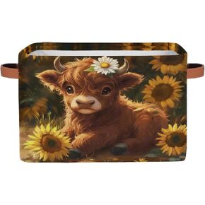 Sunflowers Baby Highland Cow Storage Boxes Theme Storage Nursery Baskets with Handle Closet Collapsible Organizer Shelf Bins for Toy Book Cloth 15×11×9.5 IN