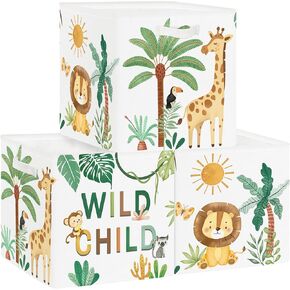 11.8" Boho Woodland Animal Storage Cube Organizer Lion Giraffe Palms Clothes Storage Basket Bin for Closet Shelf Tropical Leaves Nursery Kid Room Book Toy Chest, 3Pcs