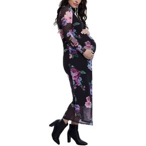Motherhood Maternity Women's Long Sleeve Mesh Turtleneck Maxi Pregnancy Bodycon Dress