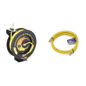 3260 REEL KWIK 100 AIR REEL 3260 Pentagon Tools 3/8 300PSI Heavy Duty Retractable 100 Foot Air Hose & Reel Professional Grade & Goodyear 6' x 3/8" Rubber Whip Hose Yellow 250 PSI
