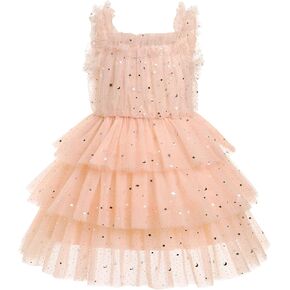 OBEEII Toddler Girls Glitters Star Tulle Dress Formal Christening Tiered Tutu Dress Shiny Sequins Baptism Party Dress