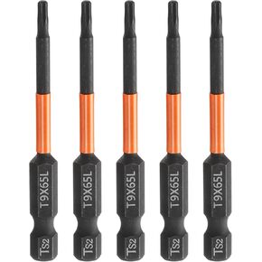 HARFINGTON 5pcs T9 Torx Head Screwdriver Bit 2.56" (65mm) Long 1/4" Hex Shank Magnetic No Hole Tamper Proof 6 Point Star Screw Driver Drill Bits Phosphate S2 Steel Industrial Power Tools
