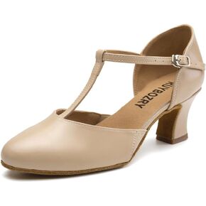 Character Shoes for Women T-Strap Closed Toe Latin Salsa Tango Standard Ballroom Dance Shoes,Model D29-Suede Sole-2.33"Heel