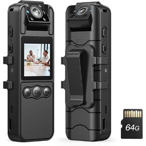 64G KT20 Body Camera, 1080P Rotate Lens Camcorder 6 Hrs Video Record, Night Vision, Multi-Functional Body Worn Camera with 1/4 Tripod for Security Guard, Travel, Lecture Record