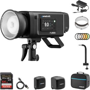 Westcott FJ800 Strobe with AC/DC Battery | 800Ws Strobe with 250+ Full Power Flashes, FJ ProMax Battery & Power Adapter, 8" Shorty Offset Extension Arm & 64GB Extreme PRO SDXC Memory Card Bundle Set