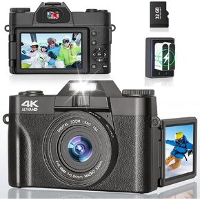4K Digital Camera for Photography - 56MP Digital Point & Shoot Camera with 32G Card, UHD Vlogging Camera with 16X Zoom Flip Screen Autofocus, 4K Compact Camera for Boys Girls Teens