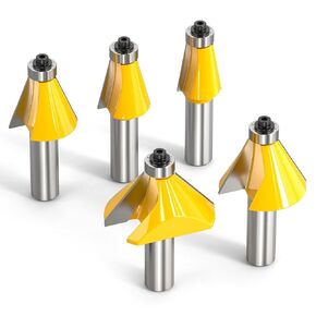 5PCS Chamfer Router Bit Set 1/4 Inch Shank Dish Carving Router Bits with Top Bearing for Woodworking, 11.25, 15, 22.5, 30, 45 Degree