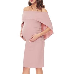 Peauty Off Shoulder Batwing Cape Maternity Dress/Side Ruched Midi Dress Baby Shower Photoshoot Summer