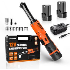 Cordless Electric Ratchet Wrench, 3/8" 12V Battery Powered Ratchet Tool Kit, 4" Extended 40 Ft-Lbs 400 RPM Ratchet Wrench Set with LED Light, 2 Batteries, 11 Sockets and Fast Charger-Orange