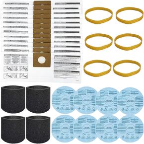 12 Pack 90668 Shop Vac Bags with 8 Pack 90107/90137 Reusable Dry Filters & 4 Pcs 90585 Foam Sleeve Filter Kit, 6 Retaining Bands, Fit for Shop Vac 2.5 Gallon Wet/Dry Vacuum