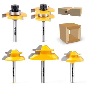 Newdeli 2Pcs Tongue and Groove Router Bit Set & 3Pcs 45 Degree Lock Miter Router bits (1/2" 5/8" 3/4" Cutting Height) 1/4 Inch Shank Joint Router Bits for Professional and Beginner Carpenters