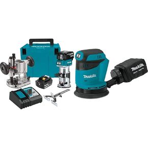Makita XTR01T7 18V LXT Lithium-Ion Brushless Cordless Compact Router Kit with Makita XOB01Z 18V LXT Lithium-Ion Cordless 5-Inch Random Orbit Sander, Tool Only