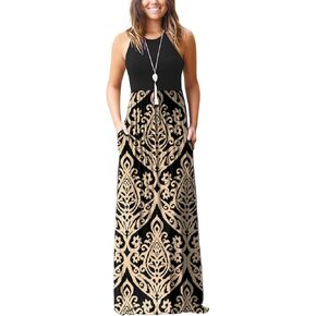 Euovmy المرأة بلا أكمام الفستان Maxi Dress عرضة الأزهار الصيفية فضفاضة العطلة الطويلة Maxi مع جيوب