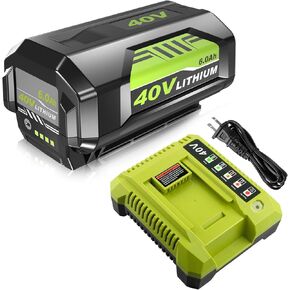 Upgraded 40 Volt 6.0Ah Lithium ion OP4060 Battery and OP401 Charger Replacement for Ryobi 40V Battery and Charger Combo OP403A OP40601 OP4026 OP4050A OP4040 Compatible with Ryobi 40 Volt Power Tools
