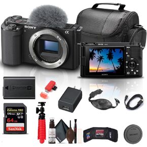 Sony ZV-E10 Mirrorless Camera (Body Only, Black) + 64GB Memory Card + Bag + Card Reader + HDMI Cable + Flex Tripod + Hand Strap + Memory Wallet + Cleaning Kit