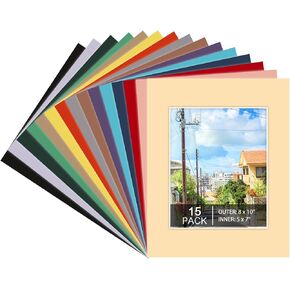 15 Pack 8x10 Picture Mats, Mixed Colors Frame Mattes for 5x7 Pictures Photo Frame Mat Core Bevel Cut Mat Board Show Kit for Photos, Prints, Artworks