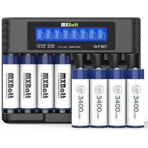 AA Batteries Rechargeable Lithium with Charger 8 Bay, 3400mWh 1.5V, 8 Packs 1500 Cycles, for Cordless Phones, Home Security, Household, Business Devices, Electronics