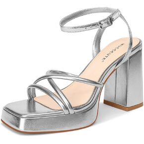 MUCCCUTE Platform Heels for Women Strappy Chunky Heeled Sandals Square Open Toe Ankle Strap Comfortable Wedding Party Evening Prom Dress Shoes