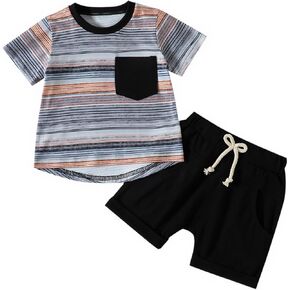 Toddler Baby Boy Summer Outfits Striped Shirt and Solid Shorts Set with Pockets 2-Piece Clothes for Boys