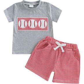 Toddler Baby Boy Summer Clothes Baseball T-shirt Tops and Gingham Plaid Shorts Set Infant Game Day Football Outfit
