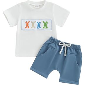 Toddler Baby Boy Easter Outfit Rabbit Embroidery Short Sleeve T-shirt Shorts 2Pcs Set Summer Clothes