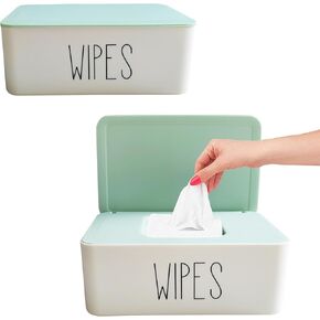 2 Pack Baby Wipes Container, 7.28" L * 4.80" W * 2.75" H, Moorfowl Flushable Wipes Dispenser Holder for Bathroom Baby Essentials, Green Lid White Base