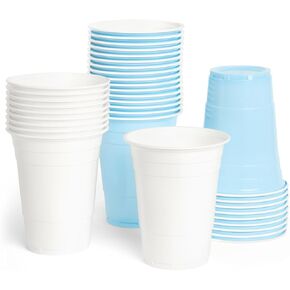 xo, Fetti Blue + White Plastic Cups - 50 Disposable 16 oz Cups | Bachelorette Drinkware, Baby Shower Tablescape, Birthday Party Supplies, Something Blue Bridal Decor