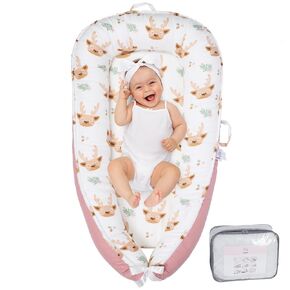 Baby Lounger Infant Lounger for New Born 0-36 Months, Portable Lightweight Soft Memory Foam Co Sleeping Baby Bed Comfortable Cooling Soft Breathable Baby Lounger Pillow (Pink Deer)