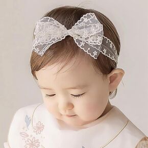 Baby Girls Bow Lace Headband Cute Pink Soft Hairband White Butterfly Knot Headbands for Newborn Infants Toddlers Kids Christening Baptism Birthday Party Hair Accessories (Pure White)