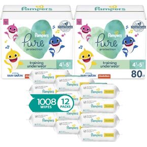 Pampers Pure Pants 4T5T (2 x 80 Count with Sensitive Water Based Baby Wipes, 12X Pop-Top Packs (1008 Count)