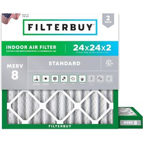 Filterbuy 24x24x2 Air Filter MERV 8 Dust Defense (2-Pack), Pleated HVAC AC Furnace Air Filters Replacement (Actual Size: 23.38 x 23.38 x 1.75 Inches)