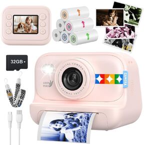 Kids Color Instant Print Camera – Kids Camera with 5 Color Photo Paper, 48MP & 1080P Video, 21 Fun Frames, 32G Card, Christmas/Birthday Gifts for Girls and Boys Ages 3 4 5 6 7 8 9 10 11 12 - Pink