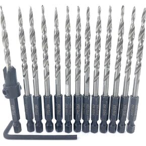Wood Countersink Tapered Drill Bit #8 (11/64") Adjustable Depth Woodworking Taper Point HSS M2 with 12 Pc Replacement Tapered Countersink Bit #8 (11/64"), ¼" Quick Change Shank