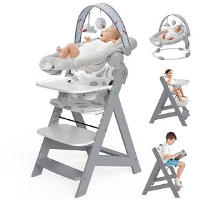 Wooden High Chair with Baby Bouncer - Convertible Baby Highchair with Tray - Adjustable High Chair for Babies/Toddlers/6 Months - Water Resistant Natural Wood Grey