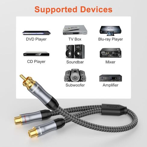 RCA Y Splitter 1 Female to 2 Male, RCA/Phono Splitter Cable, RCA Audio Video Extension Cord Gold Plated Adapter for Amplifiers,CD Player, Subwoofer, Home Theater, HDTV (1ft/30cm) in Kuwait