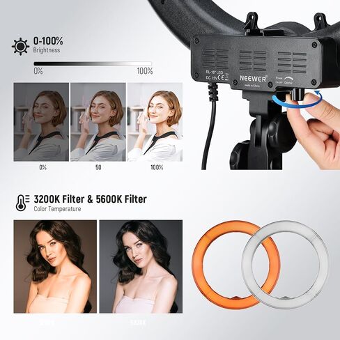 NEEWER 18" Ring Light, 58W 5500lx 5600K Dimmable CRI95 240 LEDs, Lighting with Cold Shoe Bi Color Filters Carry Bag Phone Holder for iPhone Selfie Makeup Studio Photography Video Recording, RL-18 in Saudi Arabia