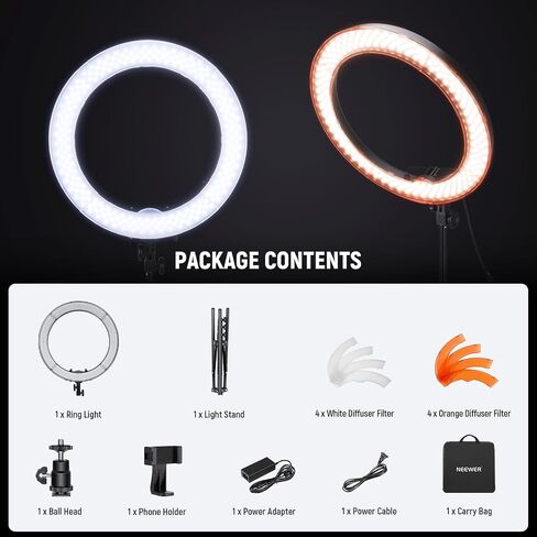 NEEWER 18" Ring Light, 58W 5500lx 5600K Dimmable CRI95 240 LEDs, Lighting with Cold Shoe Bi Color Filters Carry Bag Phone Holder for iPhone Selfie Makeup Studio Photography Video Recording, RL-18 in Saudi Arabia