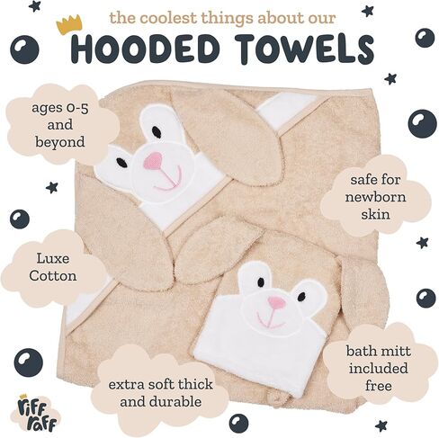 Riff Raff Cuddly Bear Hooded Towel - Premium Cotton Baby Towel with Mitt Set - Ultra Soft Machine Washable Cartoon Hooded Baby Towels - Baby Towels with Hood for Newborn Baby, Infants, Toddlers in Kuwait