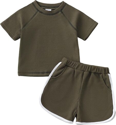 Renotemy Toddler Baby Boy Boy Summer Clothes Waffle Short Sleeve T-Shirt +Short Pants Two Piece Solid Outfit Sports Short Set in Saudi Arabia