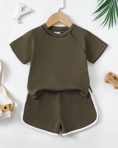 Renotemy Toddler Baby Boy Boy Summer Clothes Waffle Short Sleeve T-Shirt +Short Pants Two Piece Solid Outfit Sports Short Set in Saudi Arabia